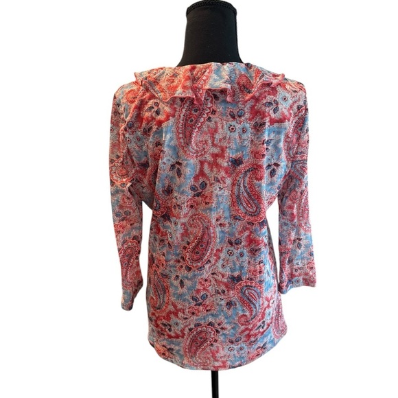 CHAPS Denim Paisley Ruffle XL Boho Lace-Up Blouse Romantic Western Festival G15 - Picture 4 of 10